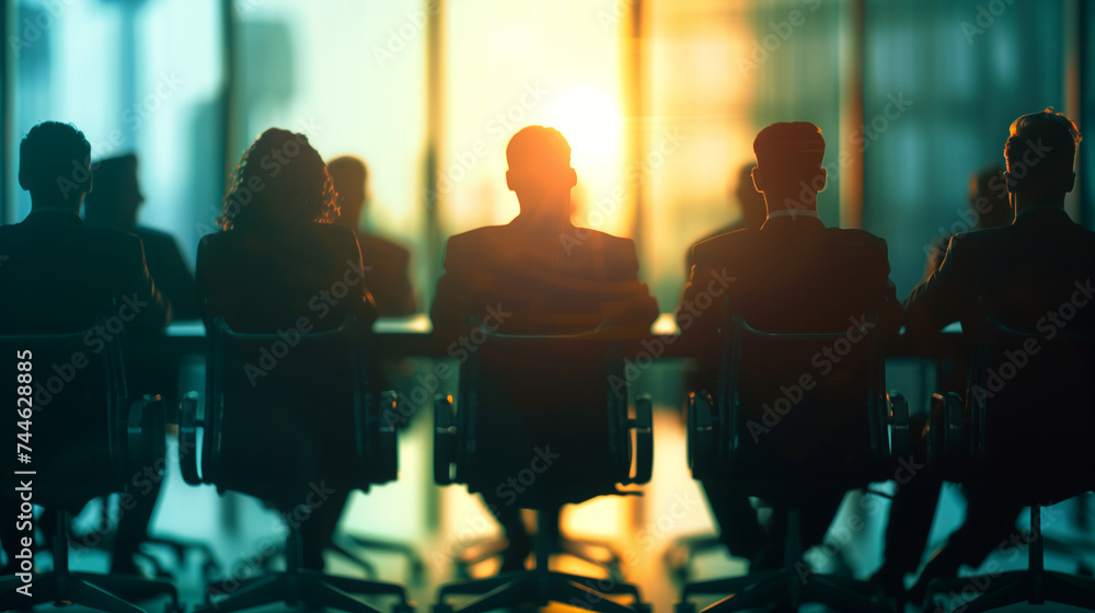 some business men and women in suits are sitting in a meeting 10