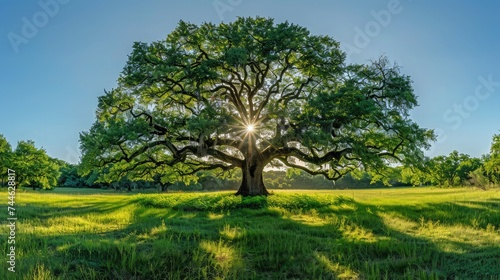 The sun shining through a majestic green oak tree on a meadow  with clear blue sky in the background  panorama format