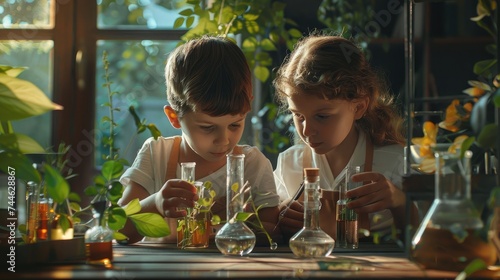 Two children botanist studying plant and doing botany science research - scientific glassware for chemical dreaming of becoming professional scientist in the future. Early development and educational