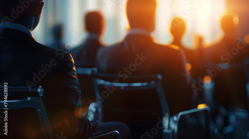 some business men and women in suits are sitting in a meeting 9
