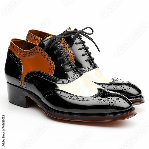 Polished two-tone dress shoes with high heels, classic brogue detailing, isolated on a white background, Generative AI