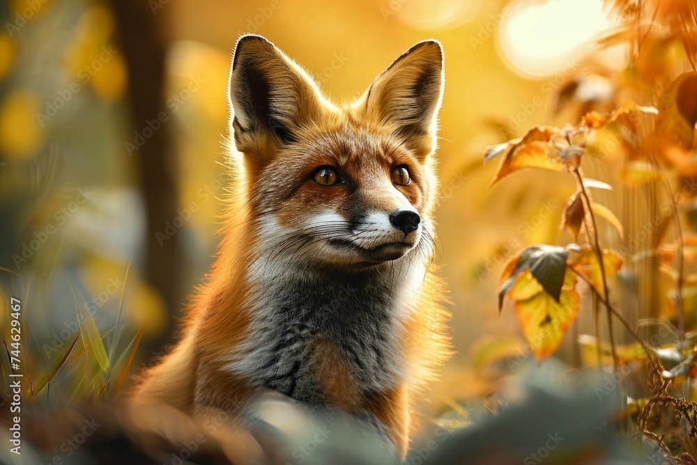 Alert red fox in the wild with a warm, golden autumnal background, Generative AI