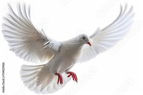 A white dove in flight with wings fully spread, isolated on a white background, Generative AI © Hitesh