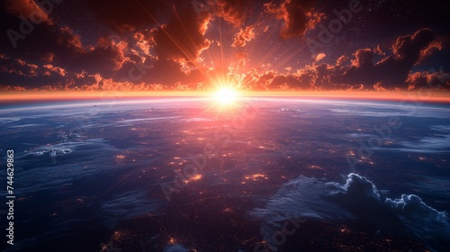 Dawn of Connectivity: Radiant Sunrise Over Digital Earth – A Global Network Awakens