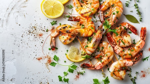 grilled shrimp accented with fresh citrus slices and green herbs.