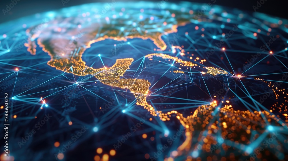 Fototapeta premium mobile network and cables wires elegantly entwine the Central America countries, symbolizing connectivity and the global web of communication