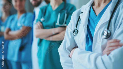 The physician and team meet about health care issues, planning, or strategy together in a hospital or office setting. Group of medical professionals in teamwork, discussion or collaboration  in clinic