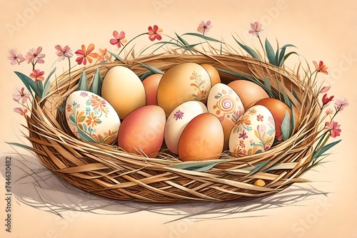 easter eggs in basket, Celebrate the joy of Easter with a charming greeting card featuring Easter eggs nestled in a cozy nest on a warm beige background