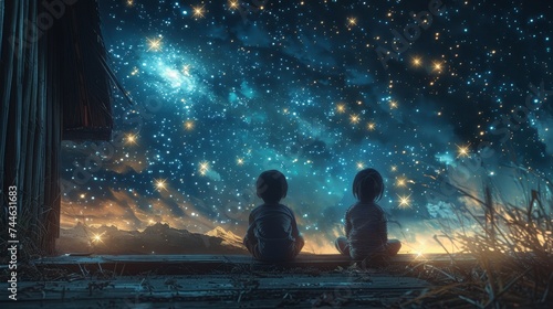 On the roof, two cute children look up at the stars. They see a shooting star and make a wish. photo