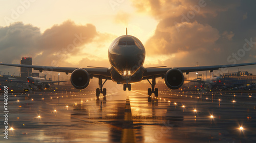 Commercial airplane prepares for runway landing at airport terminal, global travel and air transportation, travel, aviation, global tourism and business travel concept
