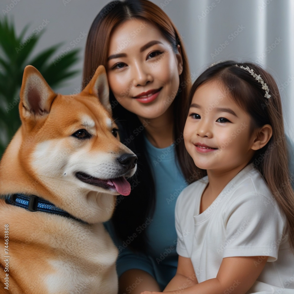 Kid and mom poses with Japanese Akita dog in the garden and hugs him affectionately