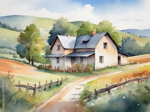 Cute country house illustration. Watercolor rural landscape. 