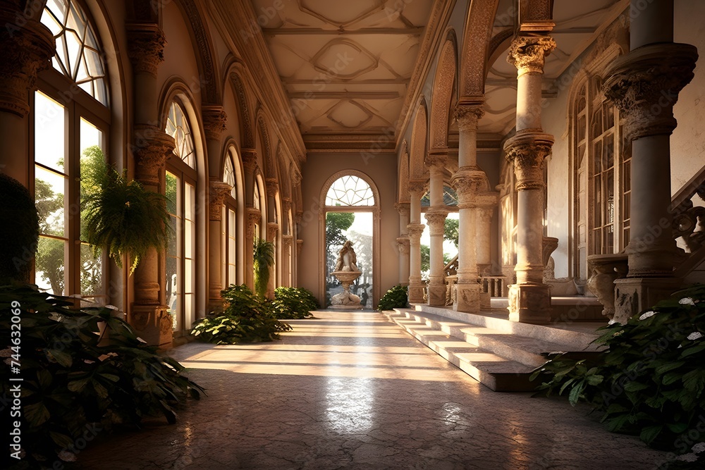 interior of a beautiful villa with columns and plants at sunset