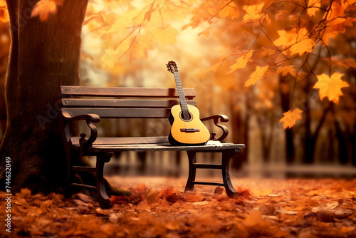 The guitar on the wood bench in autumn season with maple tree background, the concept: a song about autumn, music in colors forest