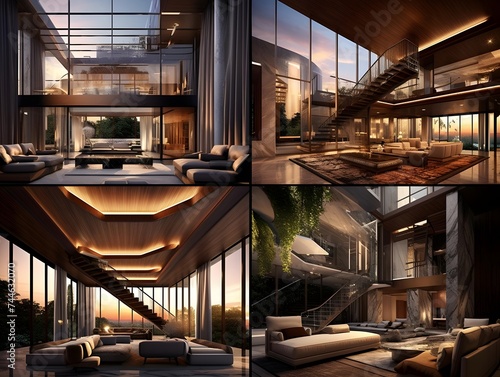 3d rendering of a modern living room at night with a panoramic view