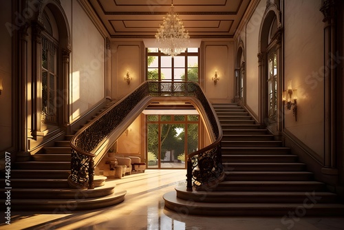 Luxury hotel interior with stairs and sunlight. 3d rendering