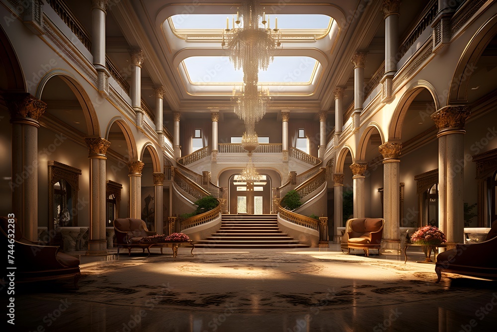 3d rendering of the interior of a modern building with arches