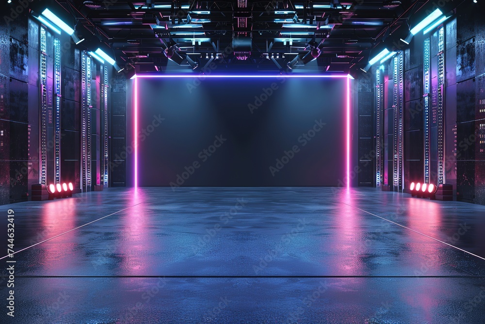 Empty dark purple space, neon lights, Futuristic, modern interior, future room style or spaceship, sci-fi, hi-tech, background, 3D rendering.	