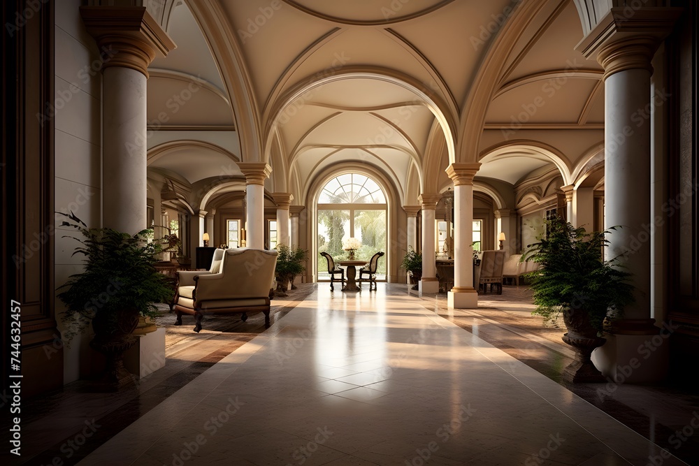 Luxury hotel lobby interior with arches, columns and chairs