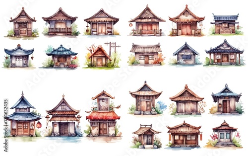 watercolor Ancient orient Asian style traditional house collection set isolated on white background, Generative Ai