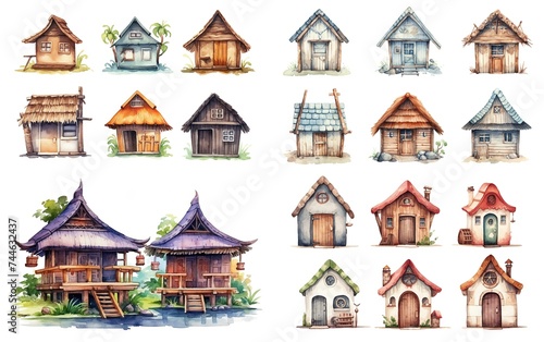 watercolor Ancient orient Asian style traditional house collection set  isolated on white background, Generative Ai © QuietWord