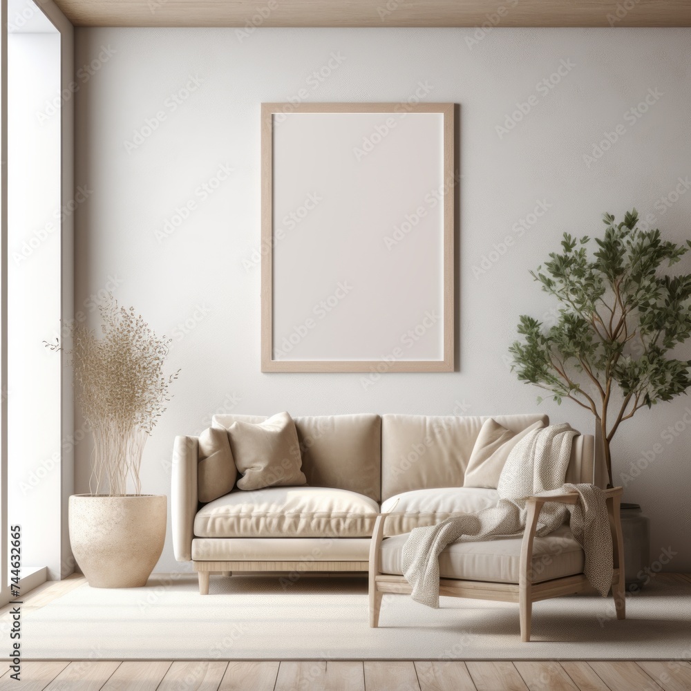 Fototapeta premium Modern living room with sofa and stylish interior design featuring furniture, lamp, and decor in a contemporary setting