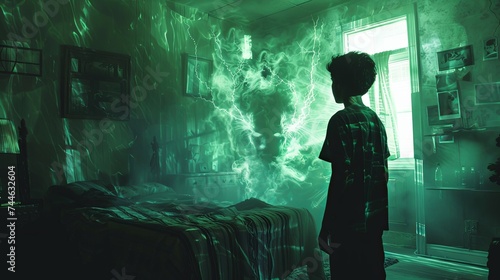A young boy stands in awe as a swirling energy portal manifests in his bedroom, filling the space with an eerie green glow and lightning-like tendrils.