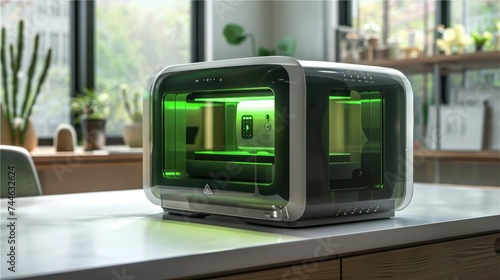 3D printer features a design with a translucent green window covering the left three-quarters of the product, allowing visibility into the printing process. Generative AI.