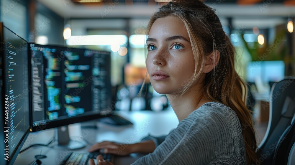 A woman who make Artificial Intelligence Development on a computer in a office. Generative AI. A woman who make Artificial Intelligence Development on a computer in a office. Generative AI.