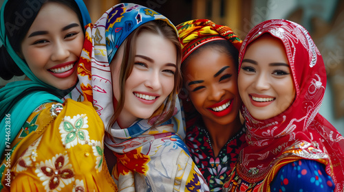 Four happy and smiling women of diversity nationalities wearing ethnic clothes, showing unity and diversity. Black, white and Asian women empowering and supporting each other on blurred background.