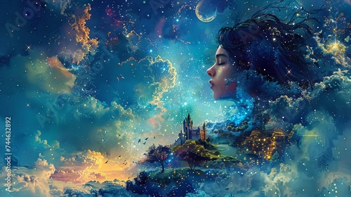 A surreal portrait of a woman's profile emerges from a vibrant fusion of cosmic starfields, nature, and a fantasy castle, evoking a dreamlike state. Lucid dreaming © Pui