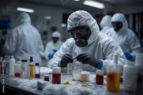 Men in protective suits mixing chemicals and solvents to make crack and other narcotics to be smuggled out and sold. An illegal cocaine lab run by the cartels, a source for the supply of drug trades. photo