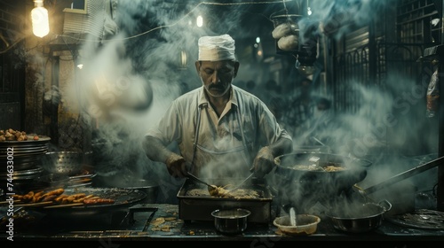 Traditional Street Food Vendor Cooking in a Night Market