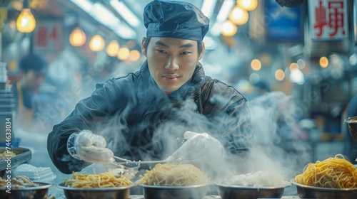 Skilled Chef Preparing Traditional Asian Noodles at a Busy Street Food Stall
