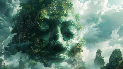 An ethereal face formed from lush forest and ancient ruins looms large in the mist, creating a serene yet mysterious natural wonder. Spiritual guides photo