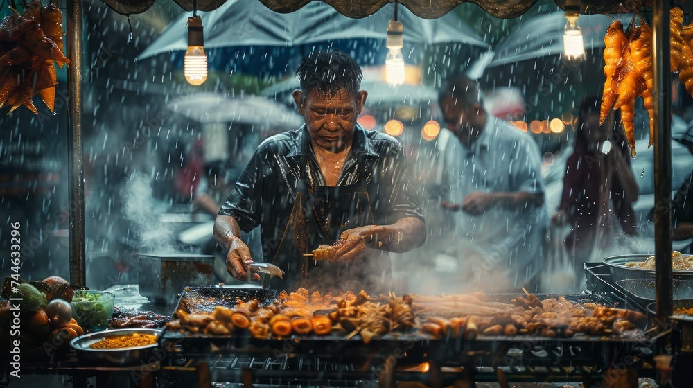 Street Food Vendor Cooking During Rainy Night Market