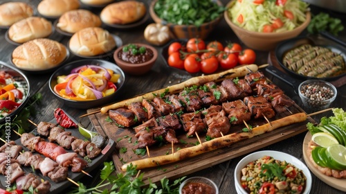 Assorted Grilled Meat Skewers and Fresh Salads on Wooden Table