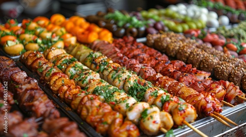 Assorted Grilled Skewers and Marinated Vegetables on Display at Street Food Market