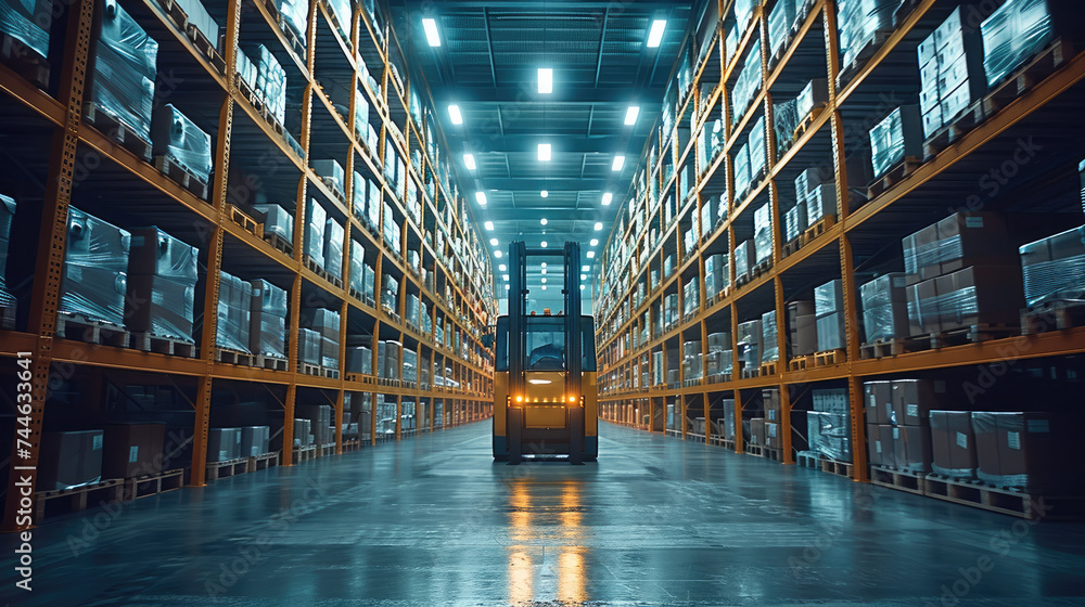 A forklift is carrying a box with many shelves with boxes in the warehouse. Generative AI.