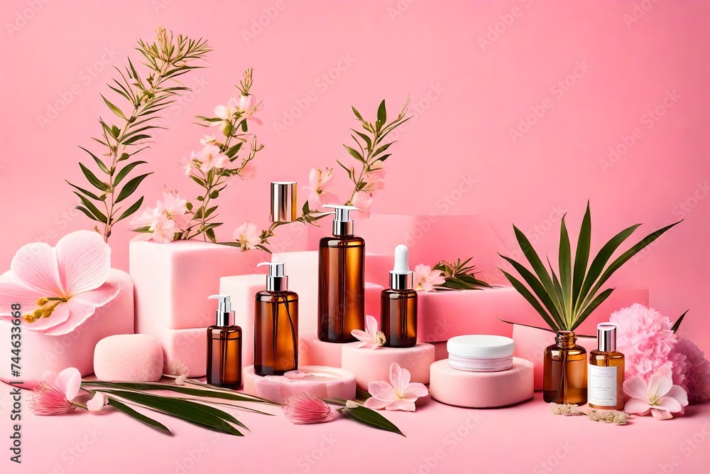 spa still life with oil and flowers, Immerse yourself in a world of tranquility and rejuvenation with a serene scene of skin care oil, natural cosmetics, and spa treatments delicately arranged on a so - obrazy, fototapety, plakaty 