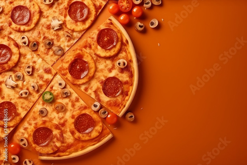 A pizza with pepperoni, mushrooms, and olives on a plain background. © Hype2Art