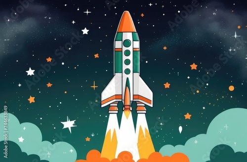 Rocket takes off into space. Space background. Illustration.