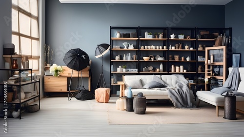 Modern living room interior with sofa, bookshelf and coffee table