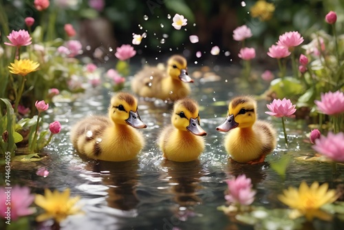  Vibrant ducklings joyfully splashing in crystal-clear pond surrounded by brilliant flowers