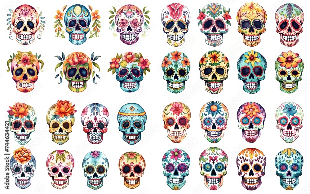 Obraz premium watercolor cartoon cute skeleton skull decorated with make up and spring flower headdress, día de los muertos, day of the dead, collection set isolated on white background, Generative Ai