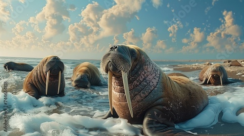 Group of walruses are basking in the sun on the beach. Generative AI.