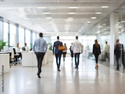 business people walking in bright office lobby fast moving with blurry, crowded office workplace people walking in corridor, busy business people executives walking in office building interior lobby © MadeByAnas