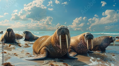 Group of walruses are basking in the sun on the beach. Generative AI.