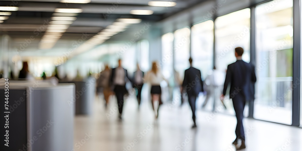 business people walking in bright office lobby fast moving with blurry, crowded office workplace people walking in corridor, busy business people executives walking in office building interior lobby