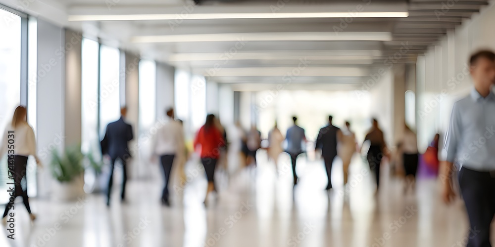 business people walking in bright office lobby fast moving with blurry, crowded office workplace people walking in corridor, busy business people executives walking in office building interior lobby